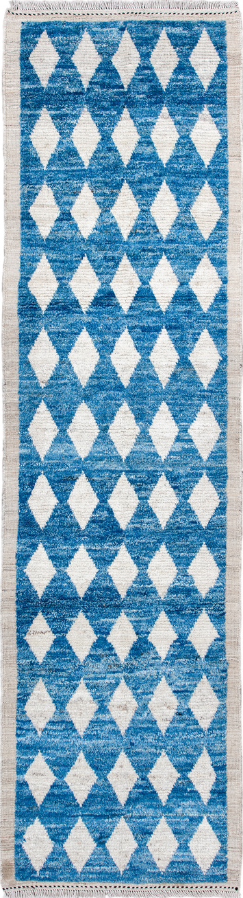 2' x 10' one-of-a-kind handmade vintage Tulu runner rug. Color palette: blue, dark gray, gainsboro, ghost white, gray