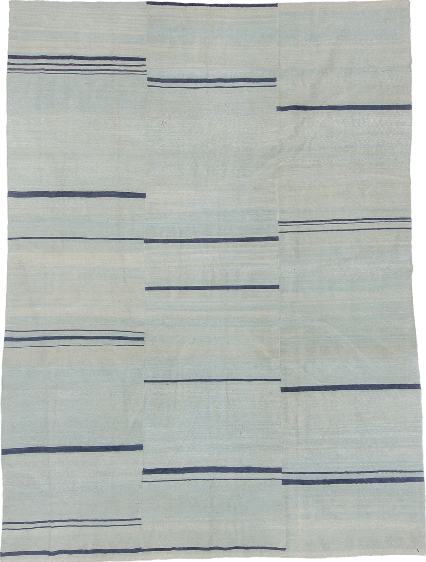 9' x 12' one-of-a-kind handmade vintage Kilim large size rug. Color palette: black, blue, charcoal, dark gray, gray