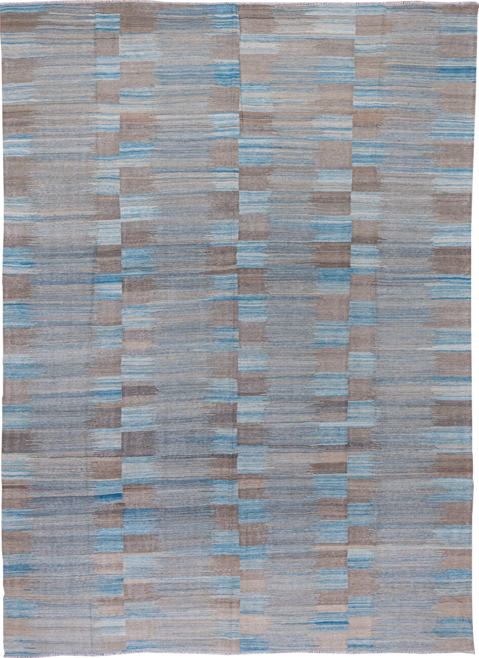 8' x 11' one-of-a-kind handmade vintage Kilim large size rug. Color palette: blue, dark gray, gray, light blue, light gray