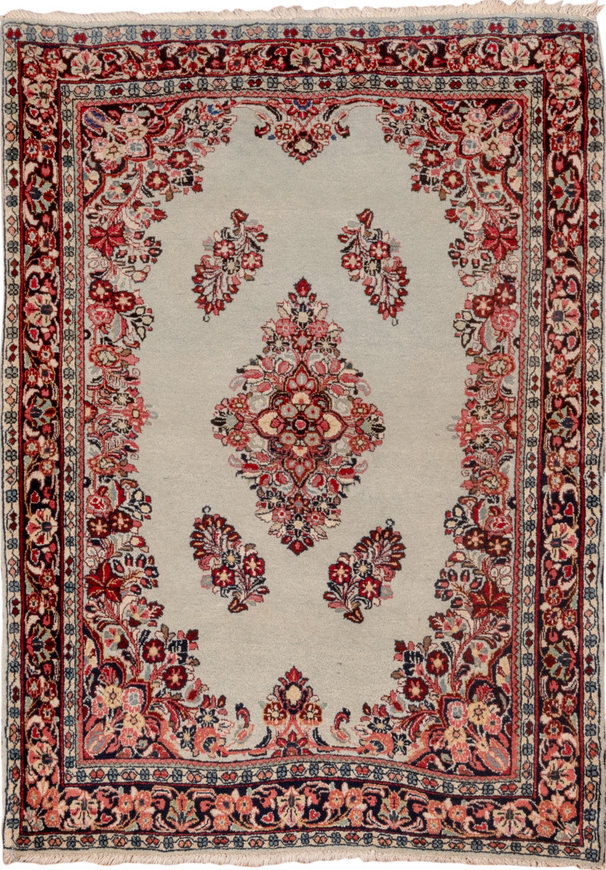 3' x 4' one-of-a-kind handmade vintage Sarouk small size rug. Color palette: black, blue, brown, dim gray, gray, off-white