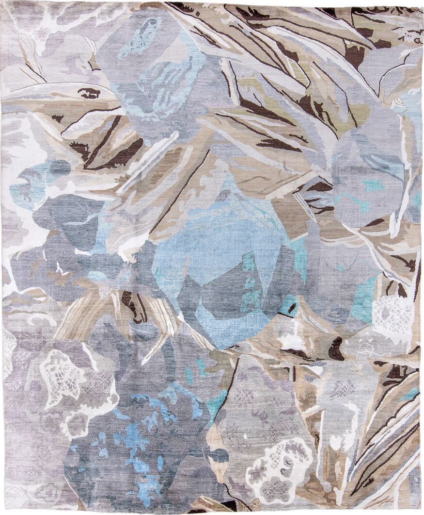 8' x 9' one-of-a-kind handmade vintage Contemporary rug. Color palette: black, blue, brown, gainsboro, gray, light blue