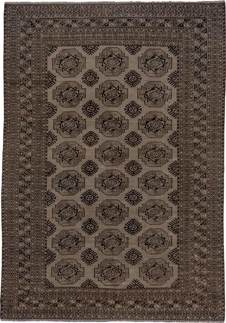 7' x 10' one-of-a-kind handmade vintage Afghan large size rug. Color palette: black, brown, dark gray, gray