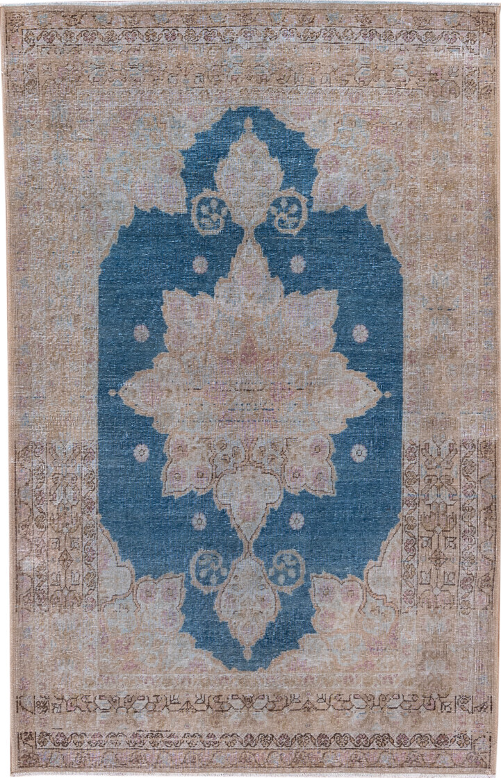 4' x 6' one-of-a-kind handmade vintage Sivas small size rug. Color palette: blue, brown, gray, light gray, off-white, silver