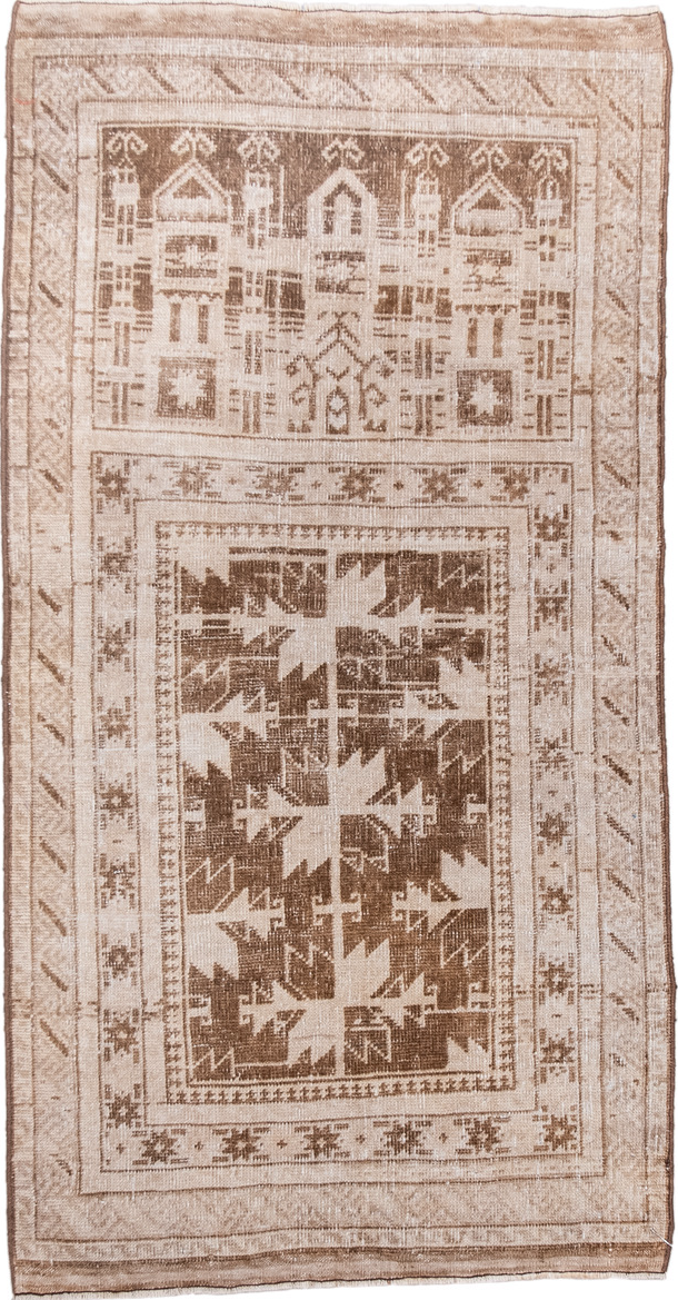 2' x 4' one-of-a-kind handmade vintage Belouch small size rug. Color palette: antiquewhite, brown, gray, light gray, linen