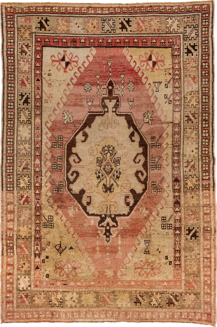 5' x 8' one-of-a-kind handmade vintage Oushak medium size rug. Color palette: brown, burlywood, off-white, orange, pink, tan