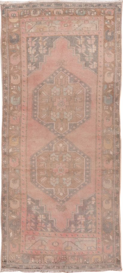 2' x 6' one-of-a-kind handmade vintage Oushak runner rug. Color palette: brown, gray, light gray, off-white, pink, snow