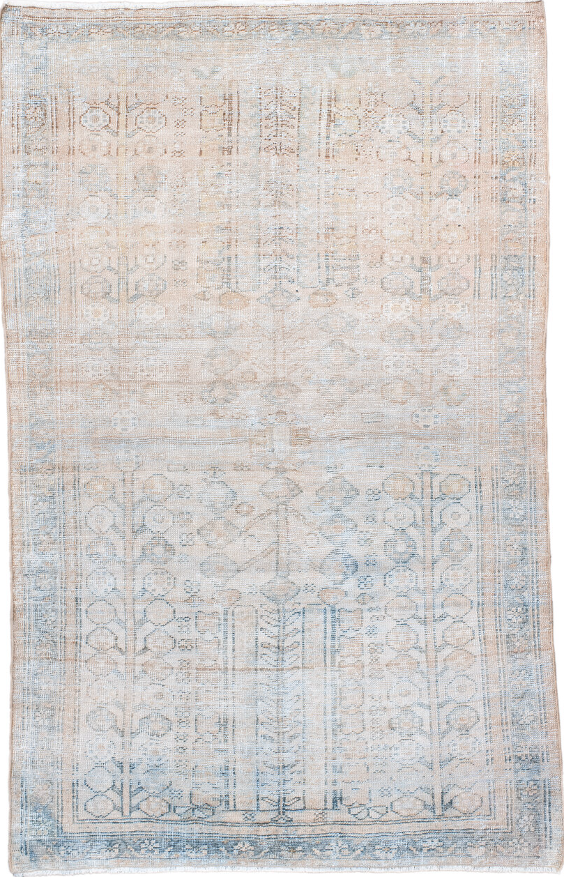 4' x 6' one-of-a-kind handmade vintage Mahal small size rug. Color palette: blue, dark gray, gray, light blue, light gray