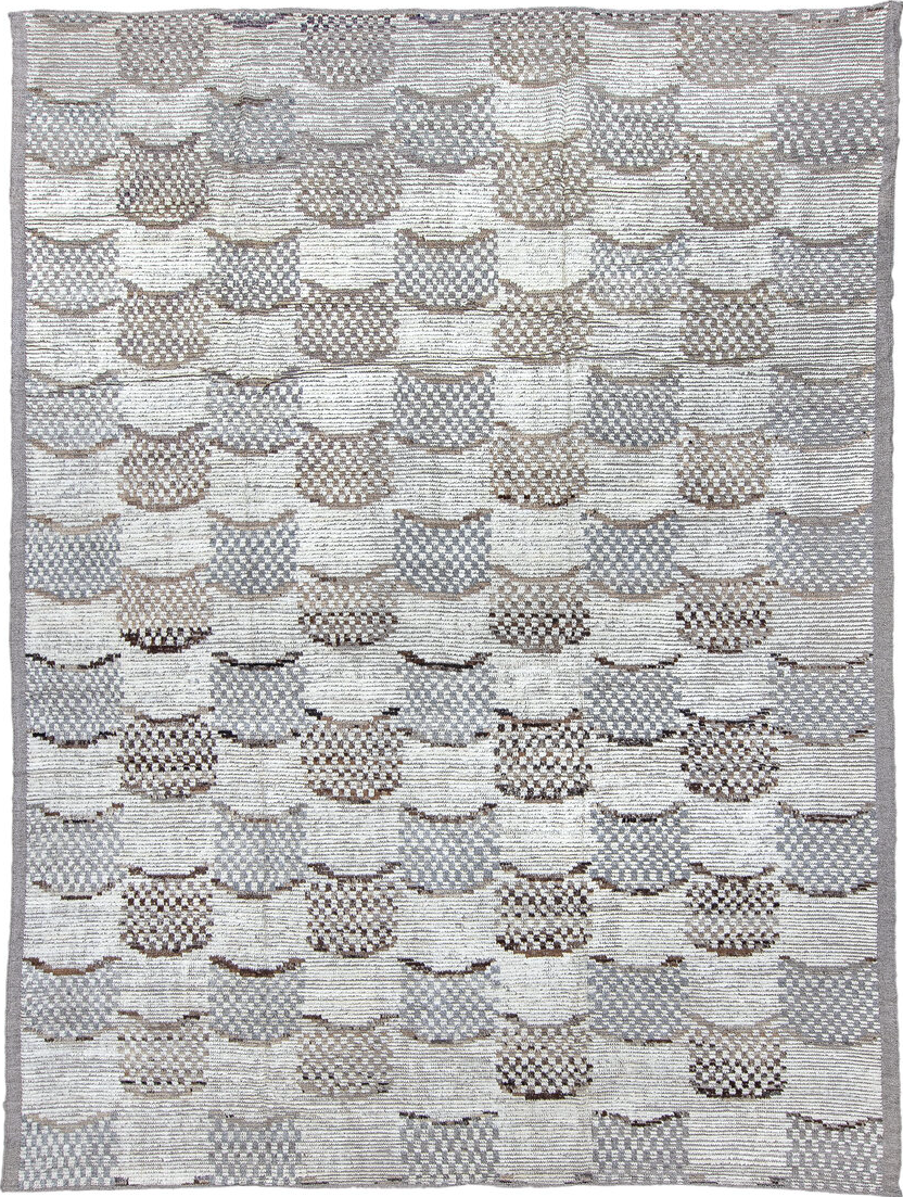 9' x 12' one-of-a-kind handmade vintage Tulu large size rug. Color palette: dark gray, dim gray, gainsboro, gray, light blue