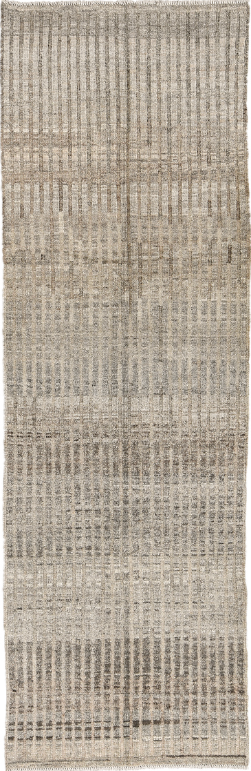 3' x 9' one-of-a-kind handmade vintage Tulu runner rug. Color palette: black, dark gray, gray, light gray, off-white, silver