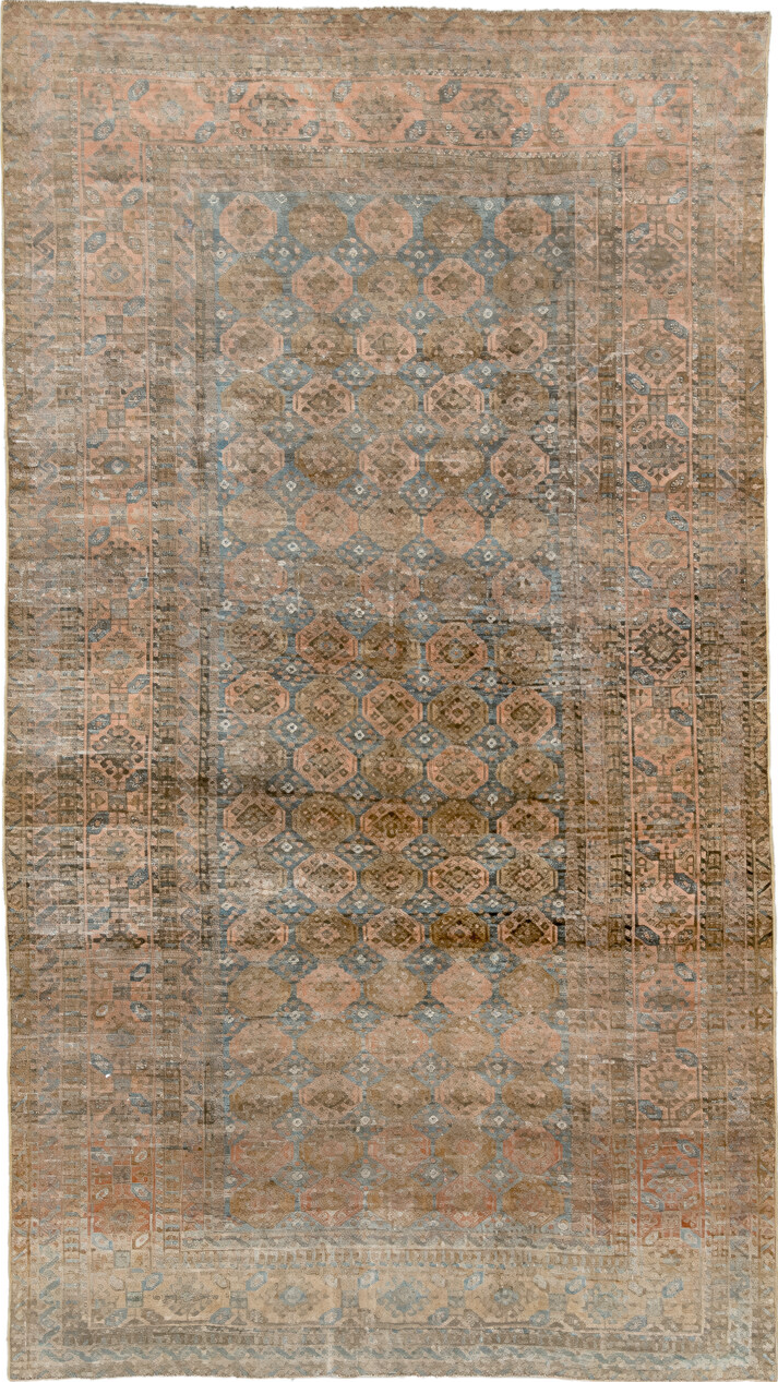 5' x 9' one-of-a-kind handmade vintage Belouch medium size rug. Color palette: brown, dim gray, gray, light gray, off-white