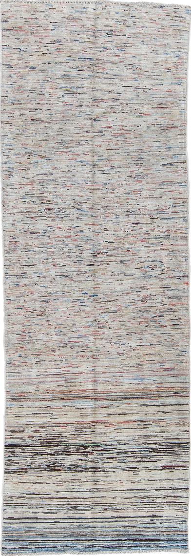 2' x 7' one-of-a-kind handmade vintage Tulu runner rug. Color palette: black, blue, dark gray, gainsboro, gray, light gray