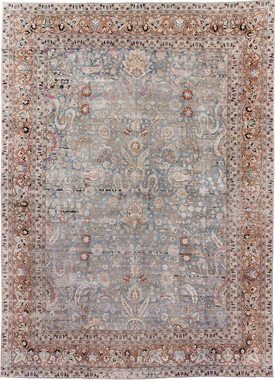 11' x 16' one-of-a-kind handmade vintage Meshed oversize rug. Color palette: black, blue, brown, dark gray, dim gray, gray