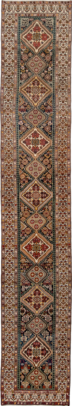 2' x 17' one-of-a-kind handmade vintage Malayer runner rug. Color palette: antiquewhite, black, brown, charcoal, dark gray