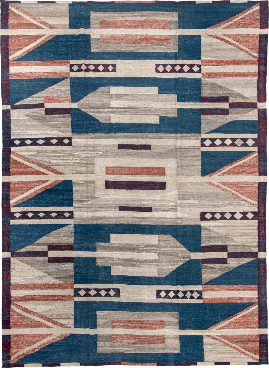 10' x 13' one-of-a-kind handmade vintage Kilim large size rug. Color palette: arapawa, blue, brown, fiord, gray, light gray