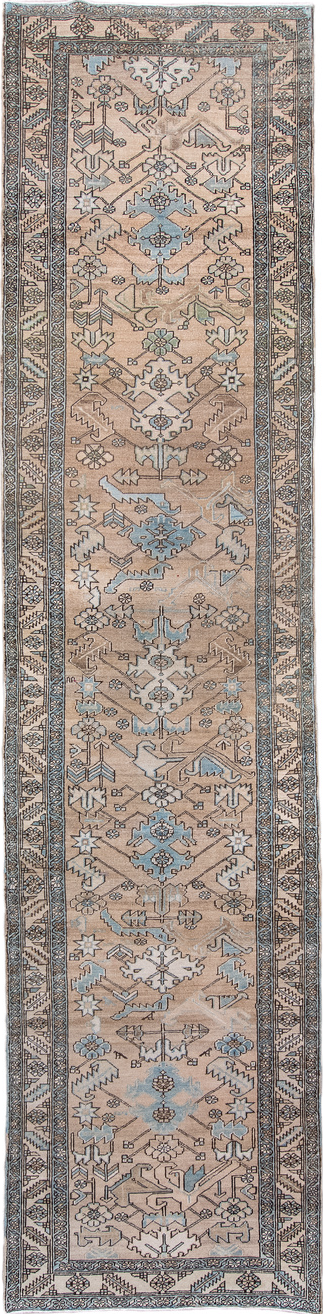 3' x 14' one-of-a-kind handmade vintage Heriz runner rug. Color palette: black, blue, brown, dim gray, gainsboro, gray