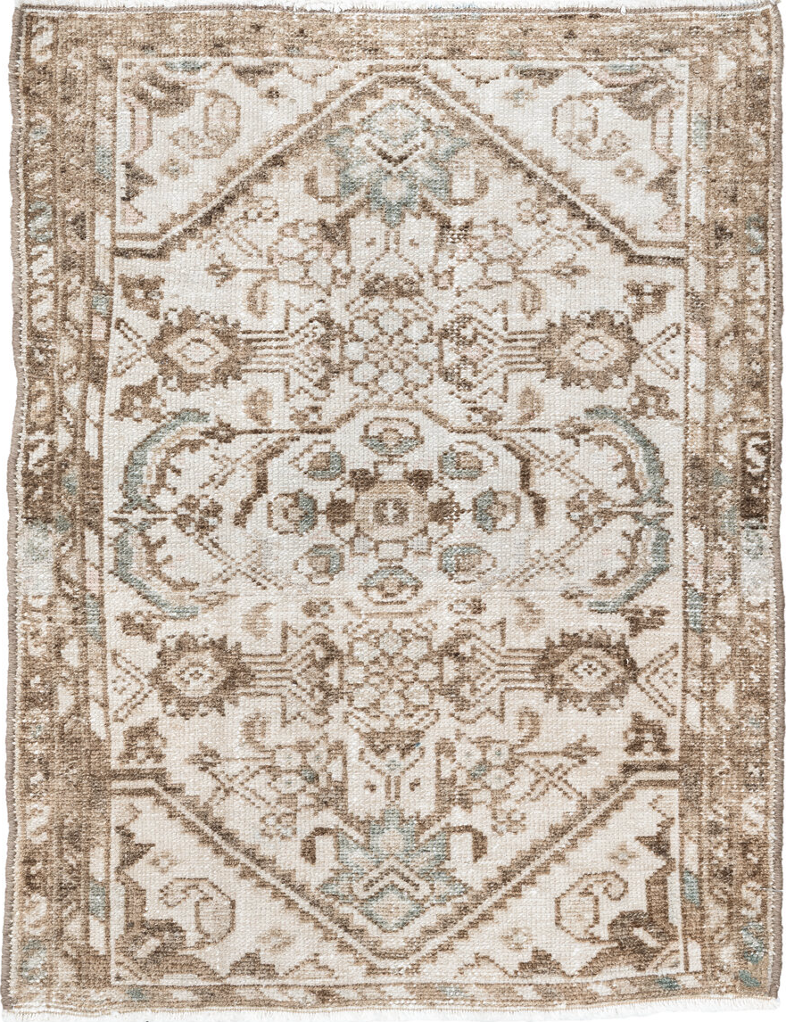 1' x 1' one-of-a-kind handmade vintage Sumak small size rug. Color palette: antiquewhite, brown, floral white, gainsboro
