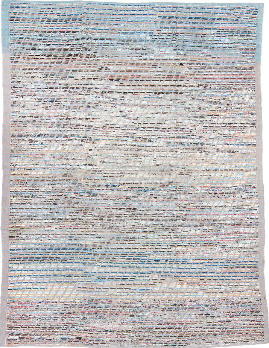 9' x 11' one-of-a-kind handmade vintage Tulu large size rug. Color palette: blue, dark gray, fiord, gainsboro, gray