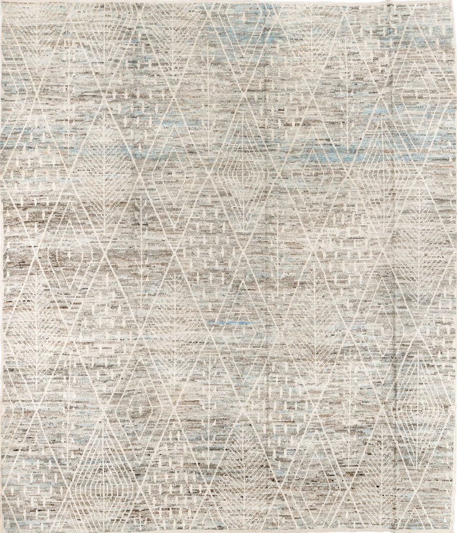 12' x 14' one-of-a-kind handmade vintage Tulu oversize rug. Color palette: dark gray, gainsboro, gray, light gray, linen