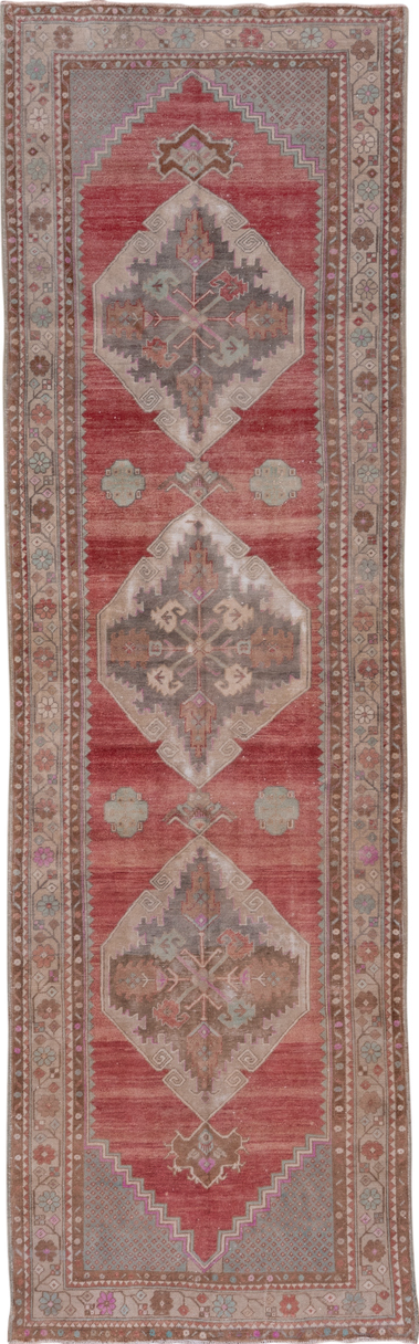 3' x 11' one-of-a-kind handmade vintage Oushak runner rug. Color palette: brown, gray, off-white, pink, red, snow, white
