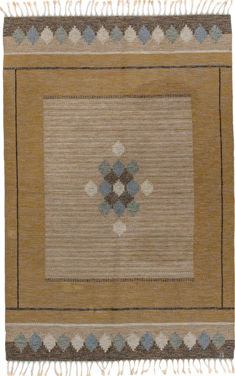 5' x 8' one-of-a-kind handmade vintage Rollaken medium size rug. Color palette: antiquewhite, black, brown, dim gray, gray
