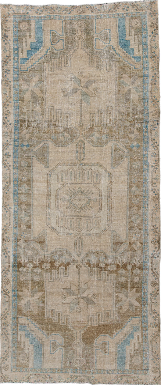 3' x 8' one-of-a-kind handmade vintage Malayer runner rug. Color palette: gray, light gray, off-white, brown