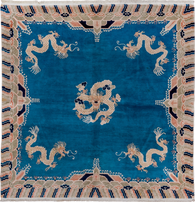 6' x 6' one-of-a-kind handmade vintage Chinese rug. Color palette: blue, gray, light gray, off-white, pink, silver