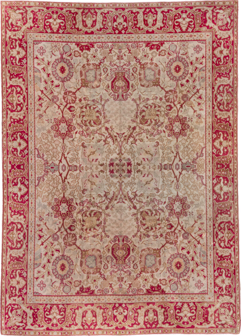 7' x 10' one-of-a-kind handmade vintage Oushak large size rug. Color palette: brown, burgundy, gray, light gray, off-white