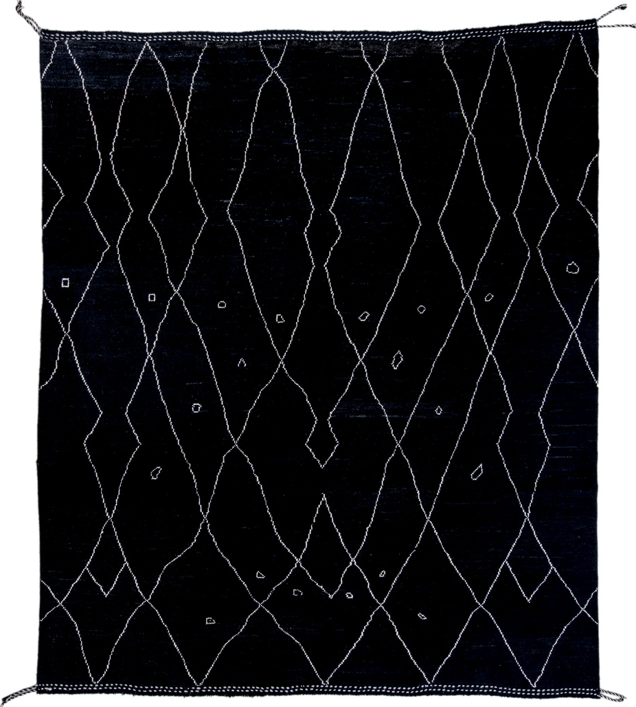 8' x 9' one-of-a-kind handmade vintage Tulu rug. Color palette: black, dark gray, gray, light blue, light gray, off-white