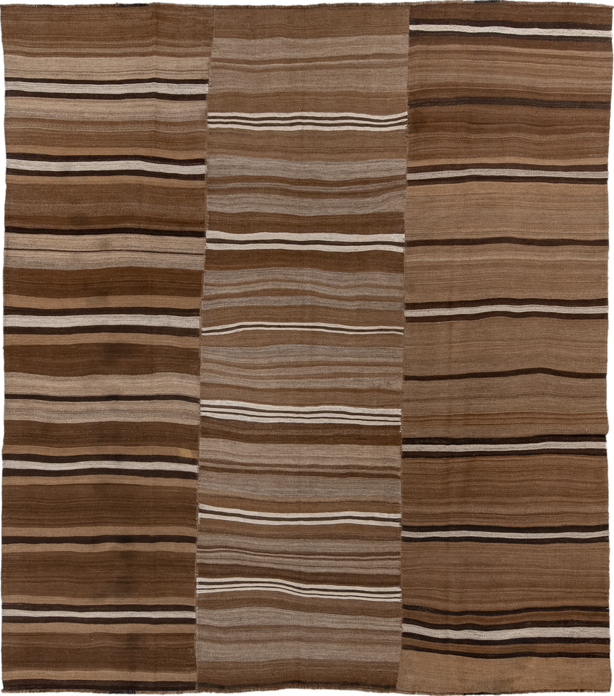 8' x 9' one-of-a-kind handmade vintage Kilim rug. Color palette: brown, gray, light gray