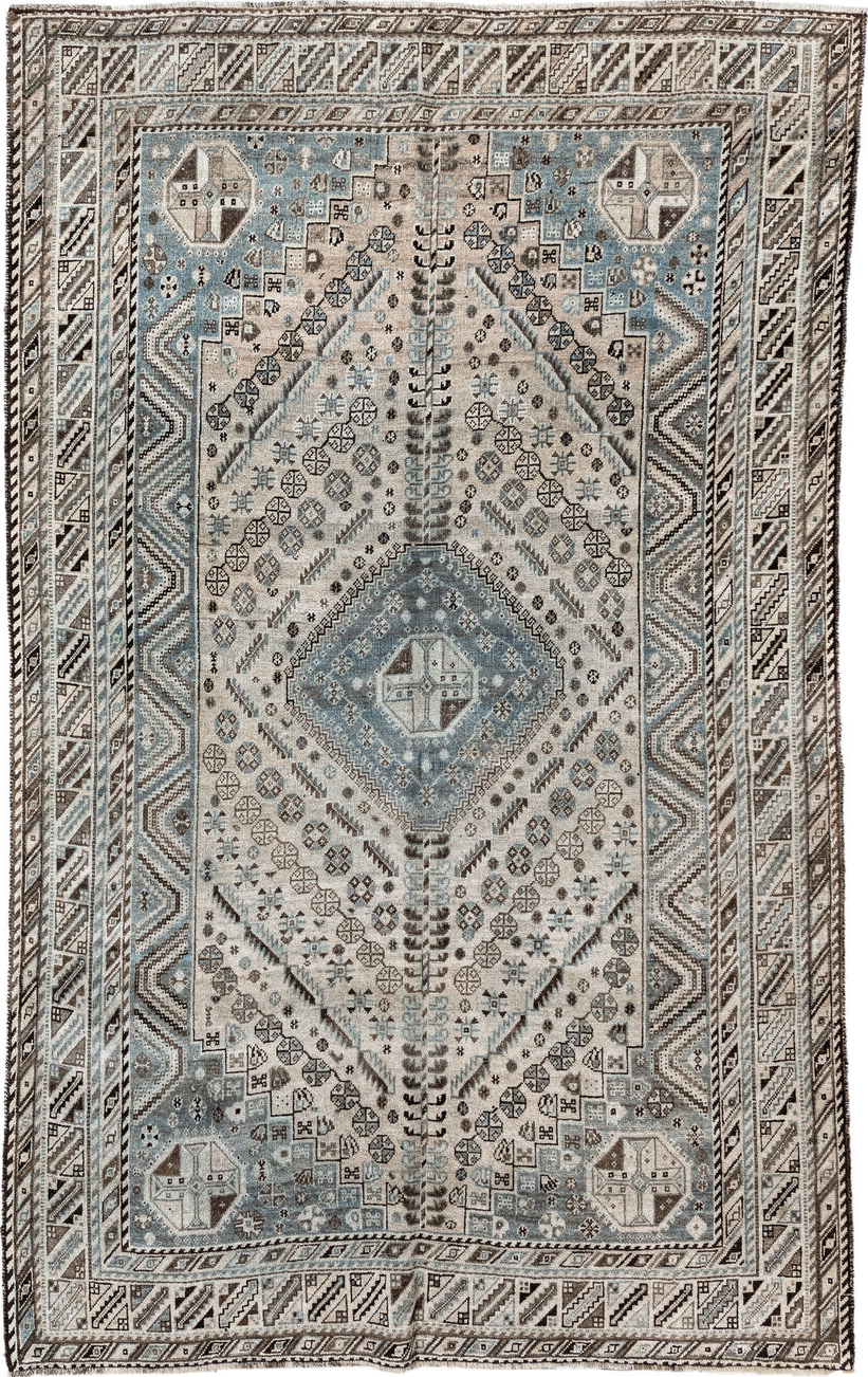 5' x 8' one-of-a-kind handmade vintage Shiraz medium size rug. Color palette: gray, light gray, black, off-white, blue