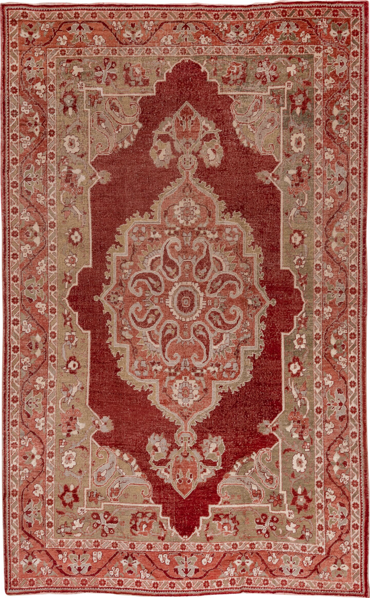 6' x 11' one-of-a-kind handmade vintage Oushak large size rug. Color palette: brown, gray, light gray, off-white, pink, red