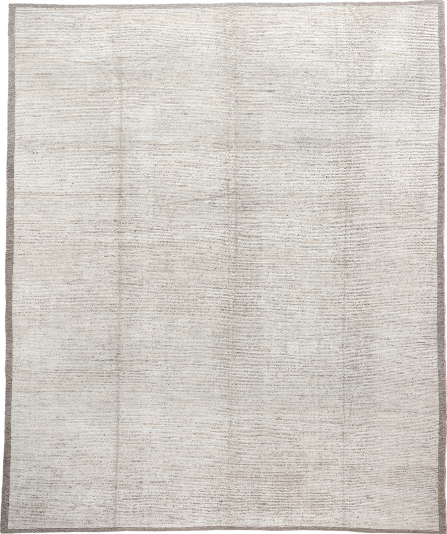 12' x 14' one-of-a-kind handmade vintage Tulu oversize rug. Color palette: dark gray, gainsboro, gray, light gray, linen
