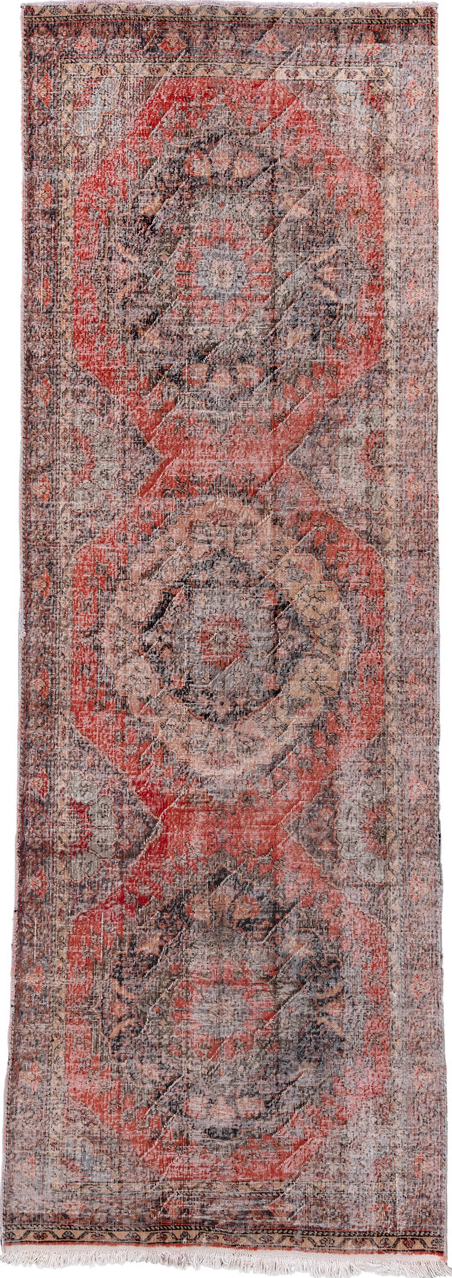 4' x 12' one-of-a-kind handmade vintage Oushak runner rug. Color palette: gray, brown, pink, light gray, red, off-white