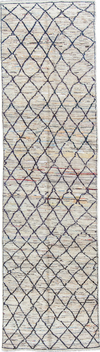 2' x 10' one-of-a-kind handmade vintage Tulu runner rug. Color palette: black, blue, brown, burlywood, dark gray, dim gray