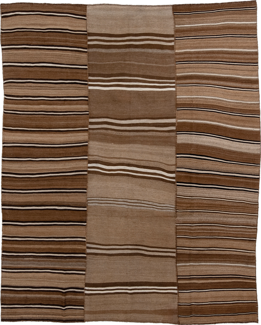 8' x 10' one-of-a-kind handmade vintage Kilim large size rug. Color palette: black, brown, gray, light gray, off-white, pink