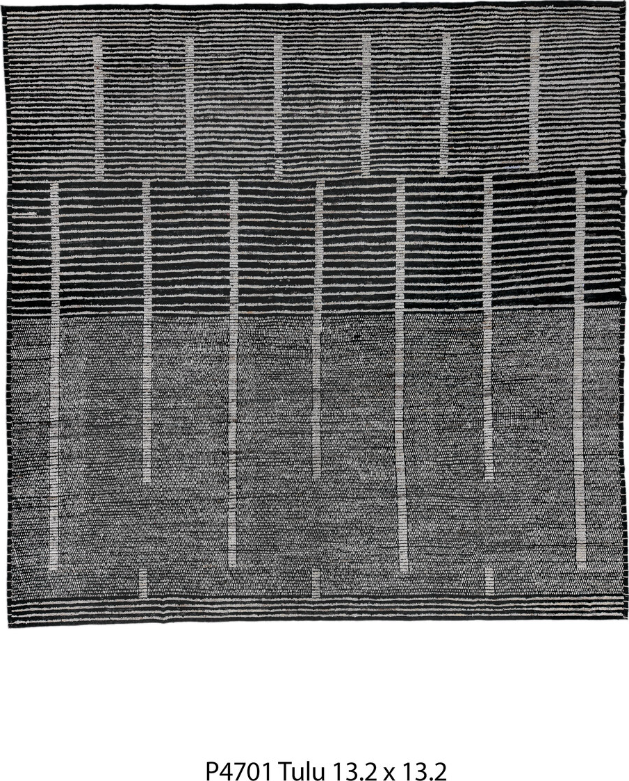 13' x 13' one-of-a-kind handmade vintage Tulu oversize rug. Color palette: black, blue, charcoal, dark gray, dim gray