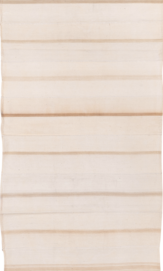 4' x 7' one-of-a-kind handmade vintage Flatweave rug. Color palette: antiquewhite, brown, gray, light gray, linen, off-white