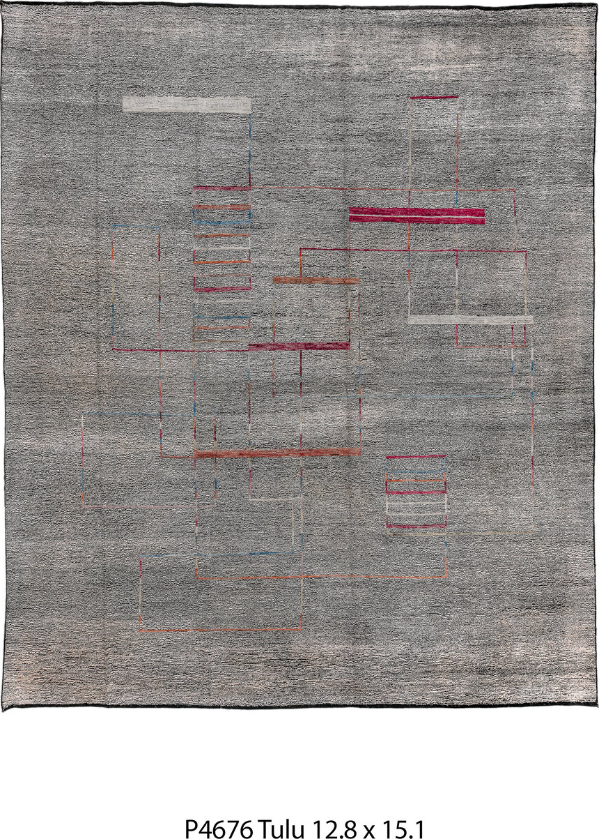 12' x 15' one-of-a-kind handmade vintage Tulu oversize rug. Color palette: black, brown, dark gray, dim gray, gray