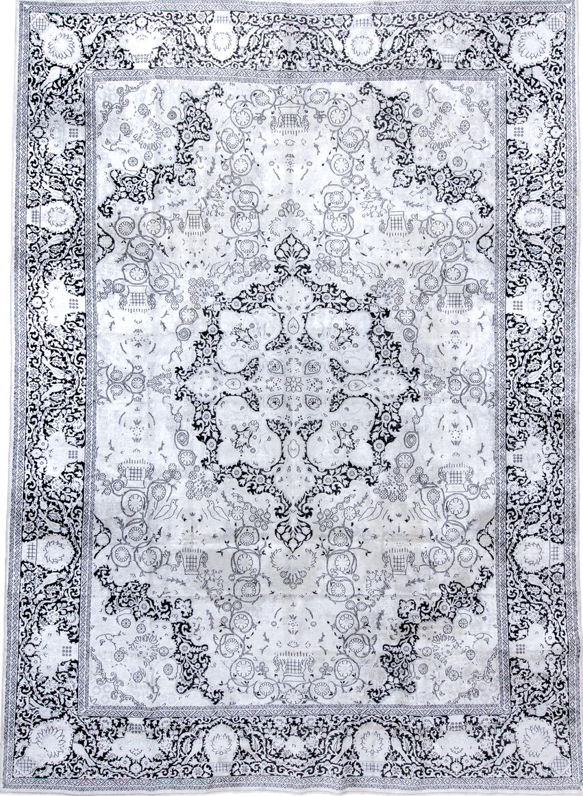 9' x 13' one-of-a-kind handmade vintage Kaisary large size rug. Color palette: alice blue, black, blue, ghost white, gray