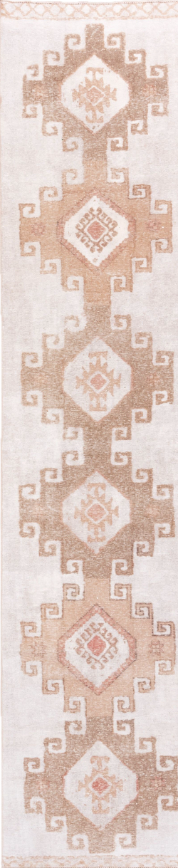 2' x 12' one-of-a-kind handmade vintage Oushak runner rug. Color palette: brown, gainsboro, gray, lavender blush, light gray