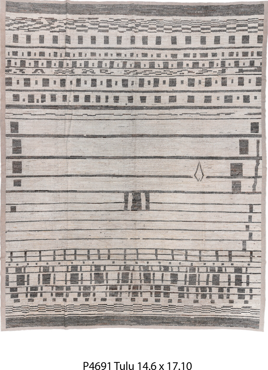14' x 17' one-of-a-kind handmade vintage Tulu oversize rug. Color palette: black, charcoal, dim gray, gainsboro, gray