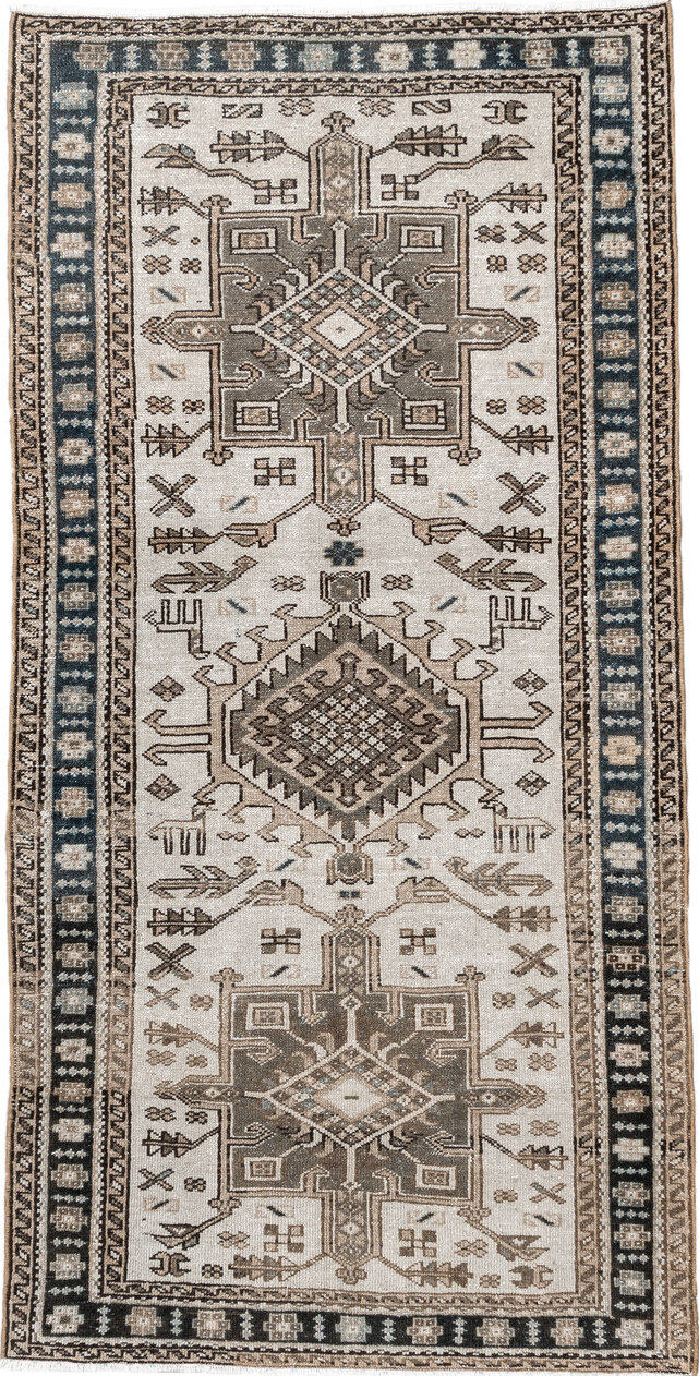 3' x 6' one-of-a-kind handmade vintage Karaje runner rug. Color palette: black, blue, charcoal, dim gray, floral white