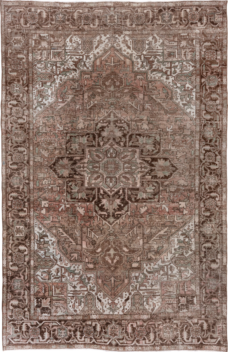 8' x 12' one-of-a-kind handmade vintage Heriz large size rug. Color palette: brown, gray, light gray, off-white, pink