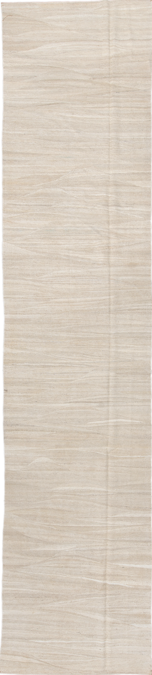 3' x 9' one-of-a-kind handmade vintage Kilim runner rug. Color palette: brown, gainsboro, gray, light gray, linen, off-white