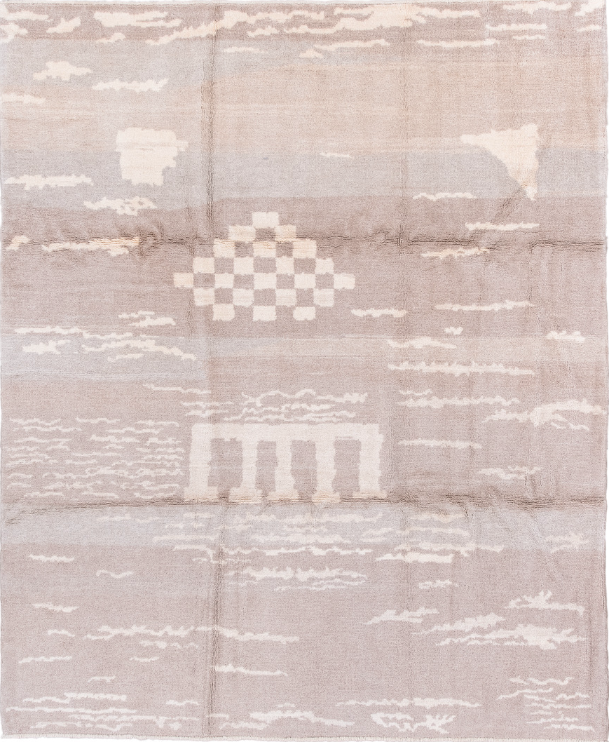 8' x 9' one-of-a-kind handmade vintage Kars rug. Color palette: light gray, off-white, gray, pink, linen, gainsboro