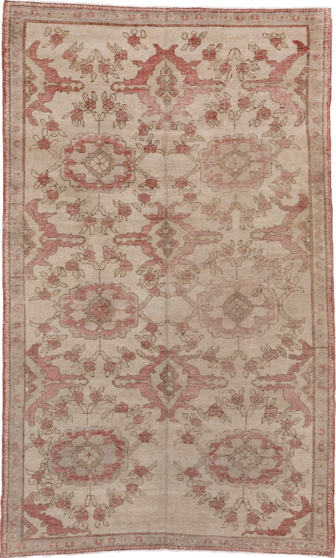 5' x 9' one-of-a-kind handmade vintage Oushak medium size rug. Color palette: brown, gray, off-white, pink, red