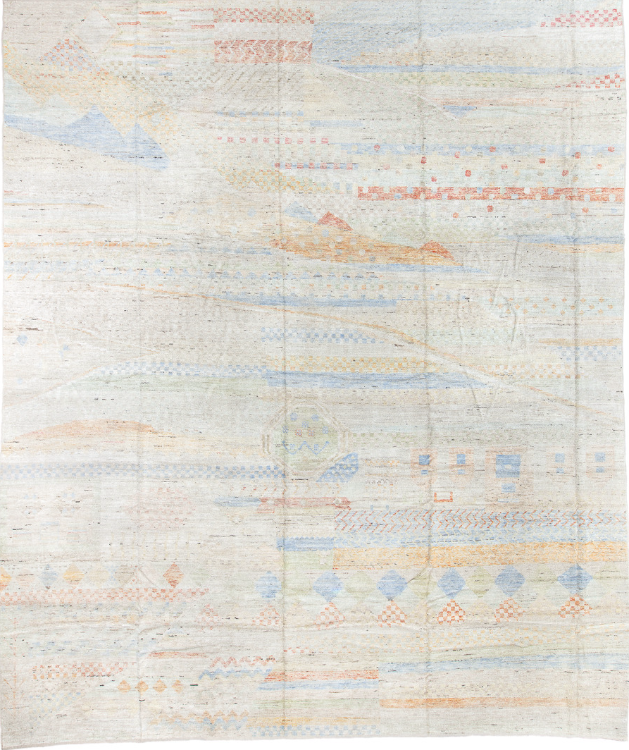 13' x 16' one-of-a-kind handmade vintage Tulu oversize rug. Color palette: alice blue, azure, bisque, blanched almond, blue