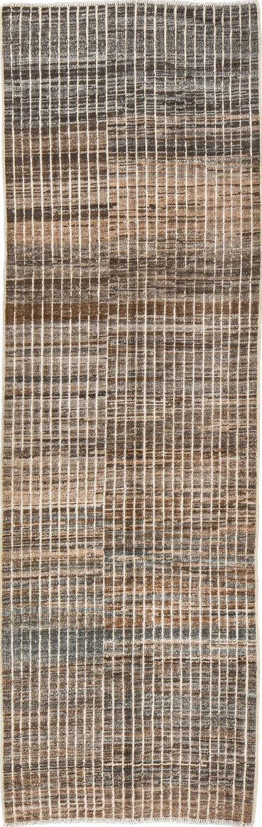3' x 9' one-of-a-kind handmade vintage Tulu runner rug. Color palette: brown, dark gray, gray, light gray, off-white, silver