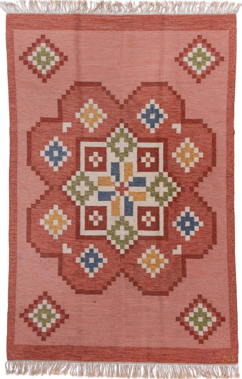 6' x 10' one-of-a-kind handmade vintage Rollaken large size rug. Color palette: blue, brown, gray, light gray