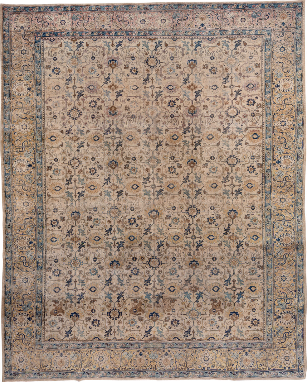 10' x 13' one-of-a-kind handmade vintage Tabriz large size rug. Color palette: brown, gray, blue, black, light gray, fiord